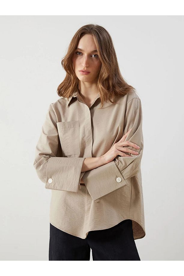 LCW Modest Bej Oversize Poplin Kadın Gömlek Tunik - 4