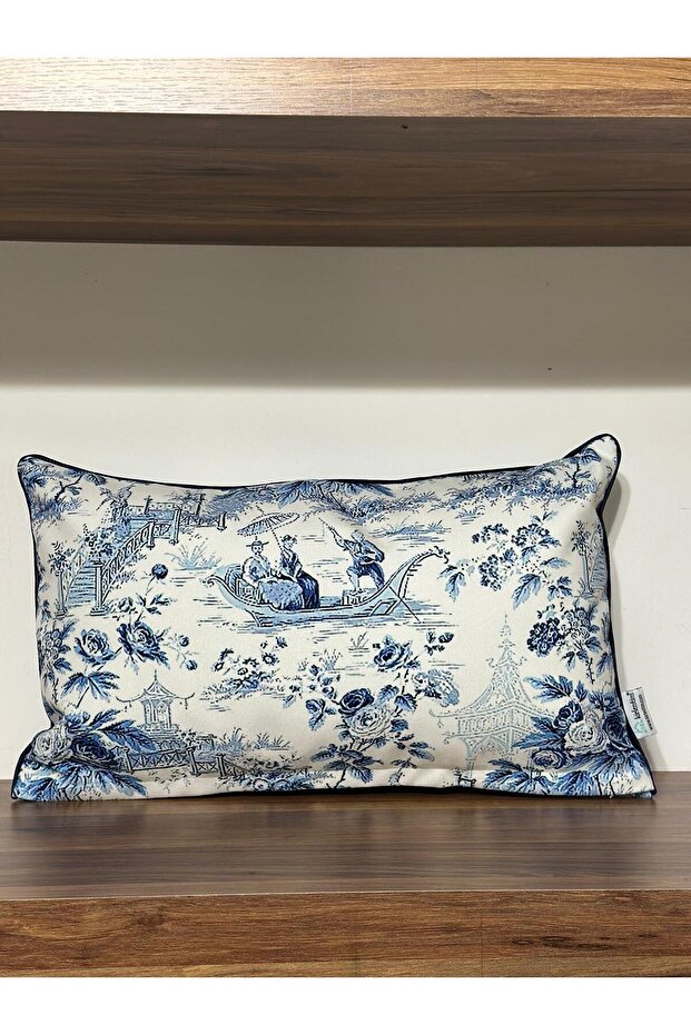 E790-3050 Byz Velvet Zmn Blue-Navy Pillow Cover with Piping on the Edges and Double-Sided Pattern
