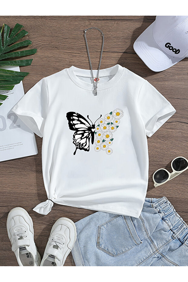 Children's Daisy Butterfly Printed Unisex Cotton Tshirt