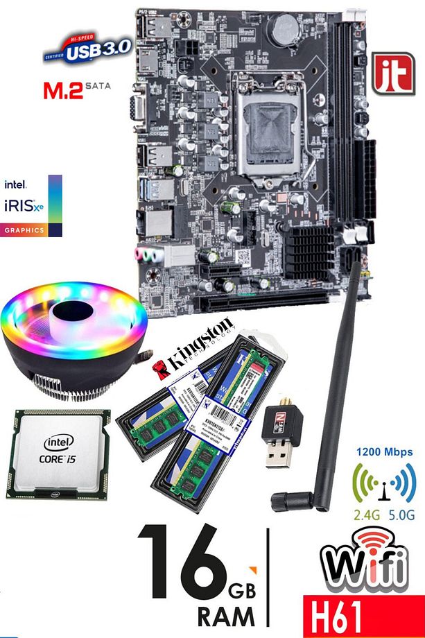 i5-3470 3.40GHz 16GB RAM H61 1200Mbps WiFi CPU Fan Bundle Anakart Komple SET - 1