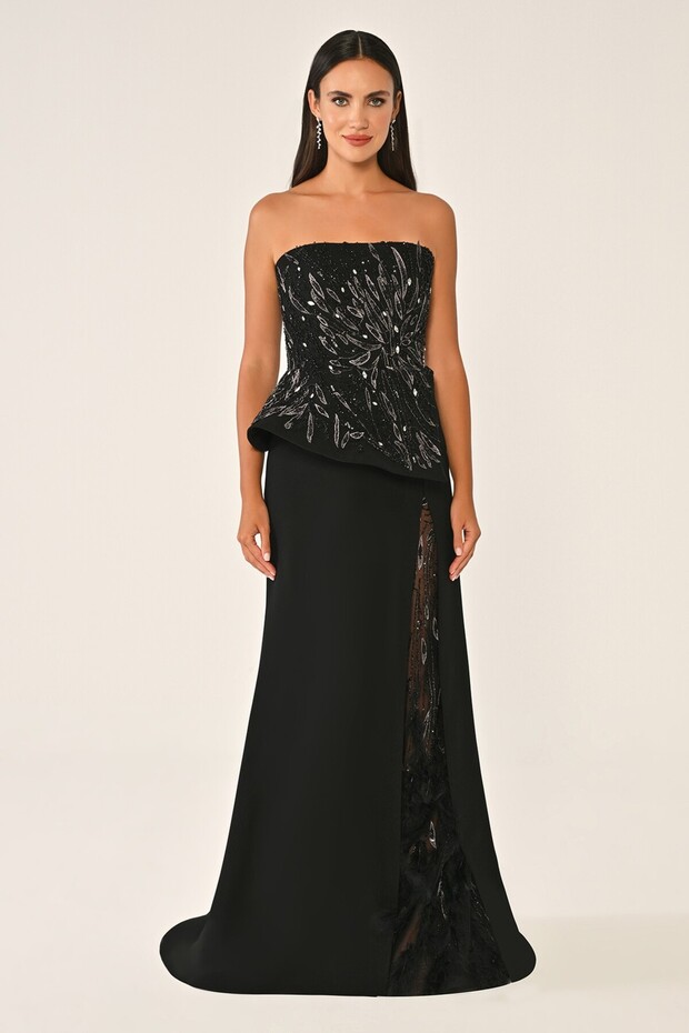 Strapless Embroidered Slit Openwork Tulle Crepe Long Dress
