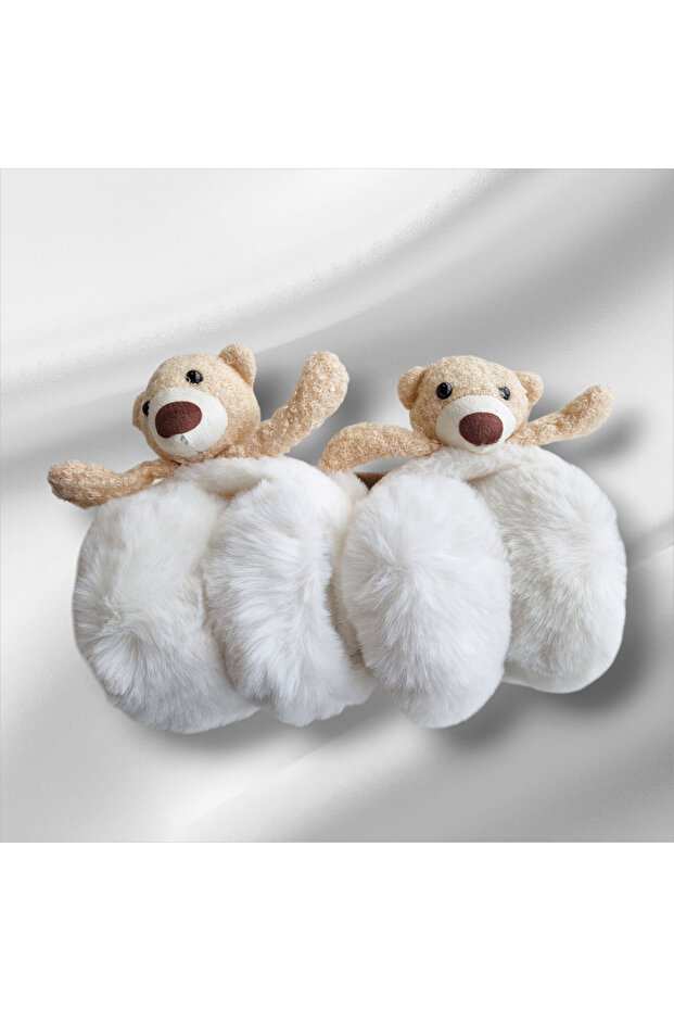 White Color Foldable Furry Plush Headphones with Polar Teddy Bear Figure