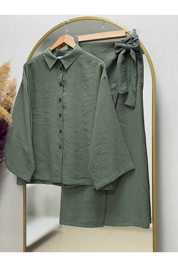 Khaki Color Öznur Suit - Side Tie Skirt Ek-Z-244