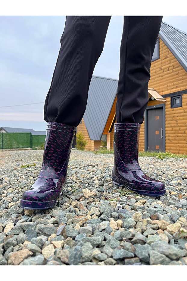 Mor Çiçekli Kadın Yağmur Çizmesi - 3