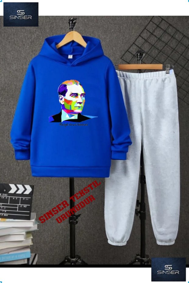 Hooded Children's "Ataturk Colorful Geometric" Printed Tracksuit Set