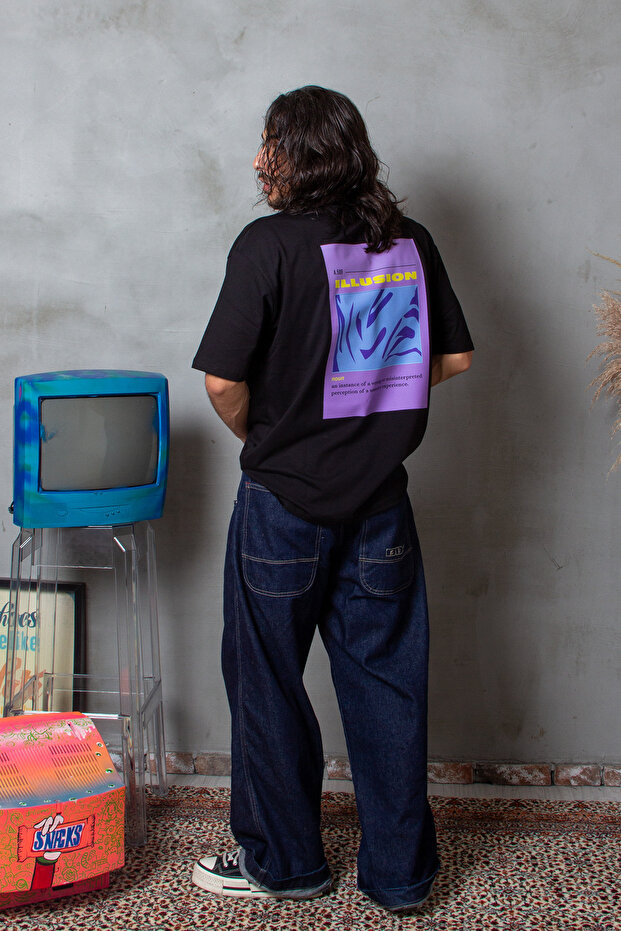 Illusion Printed Black Premium Oversize Unisex T-Shirt