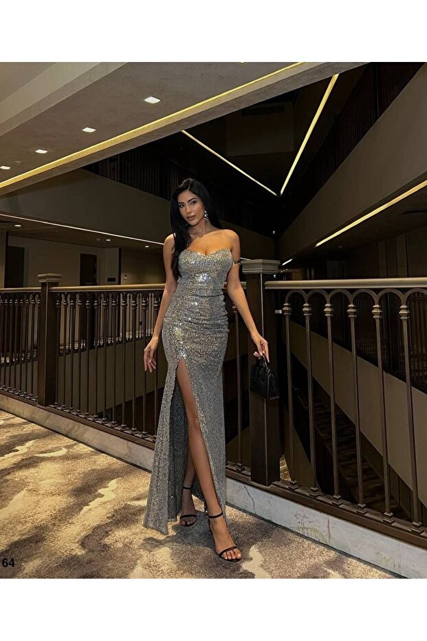 Women's Gray Strapless Neckline Slit Detailed Draped Long Glitter Sequin Sequined Maxi Evening Dress