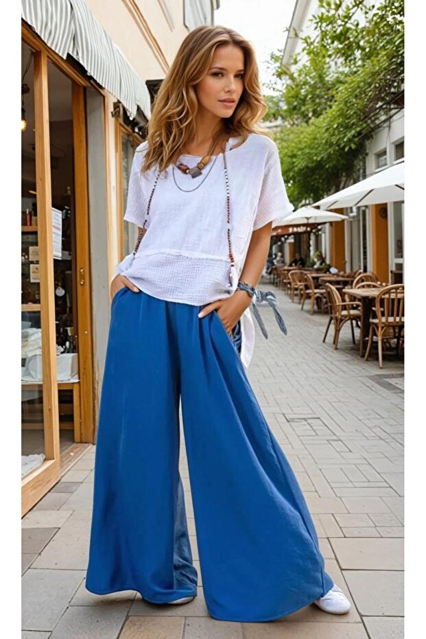Women's Elastic Waist Pocketed Wide-Leg Casual Oversized Soft-Textured Comfortable Pants 700-3391341