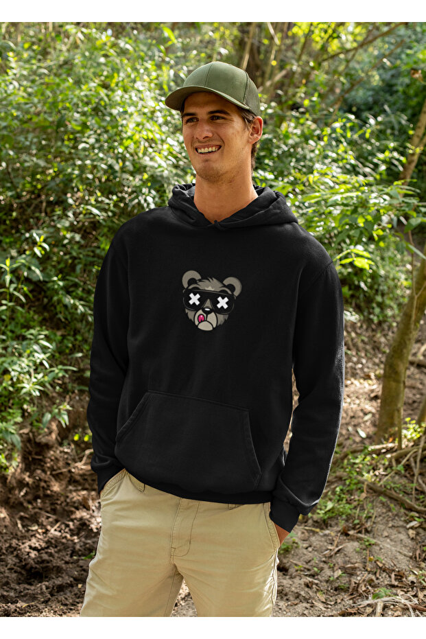 Bear Printed Men's Cotton Long Sleeve Rose 3 Thread Hooded Sweatshirt