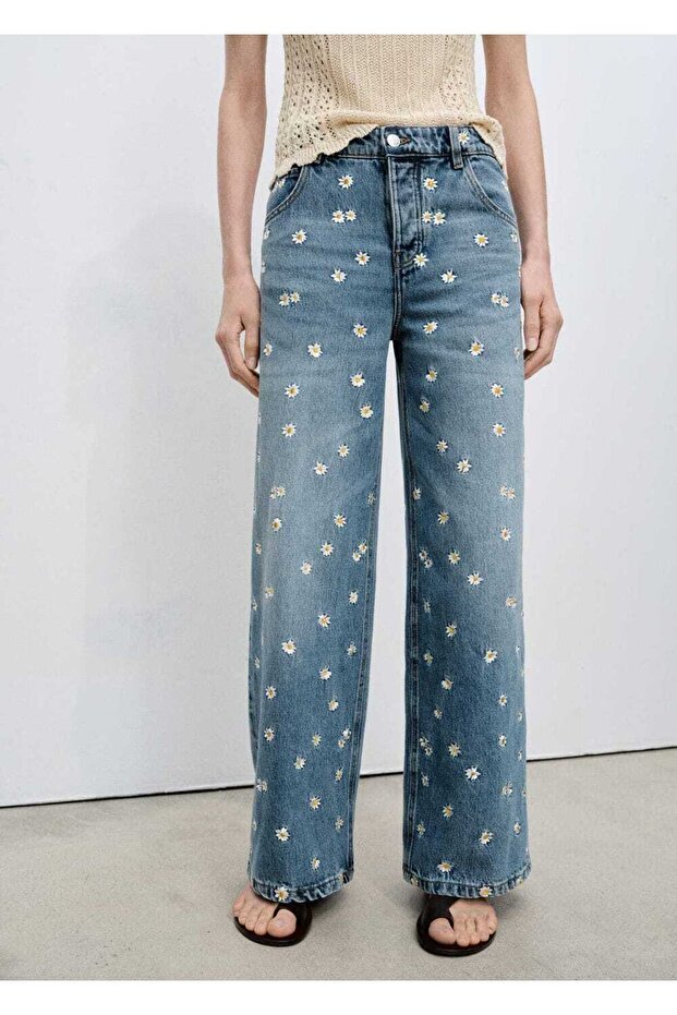 Wideleg kot pantolon çiçek işlemeli - 1