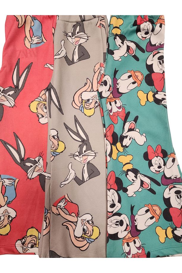 3 Adet Minnie Mouse Lola Bunny Desenli Fitilli Kız Çocuk İspanyol Paça Tayt - 2