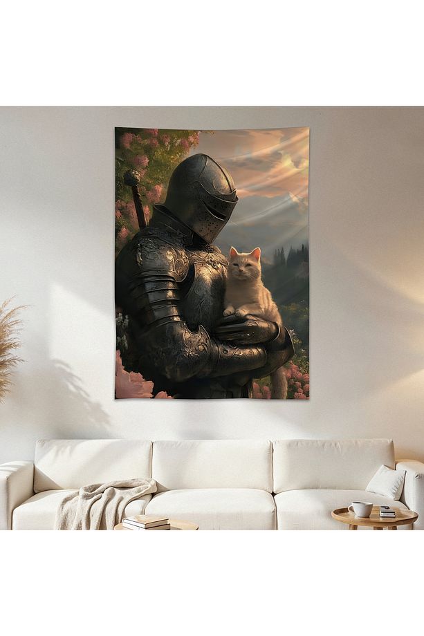 Şövalye ve Kedi Duvar Örtüsü Duvar Halısı Birinci Kalite Saten Kumaş Poster - 1