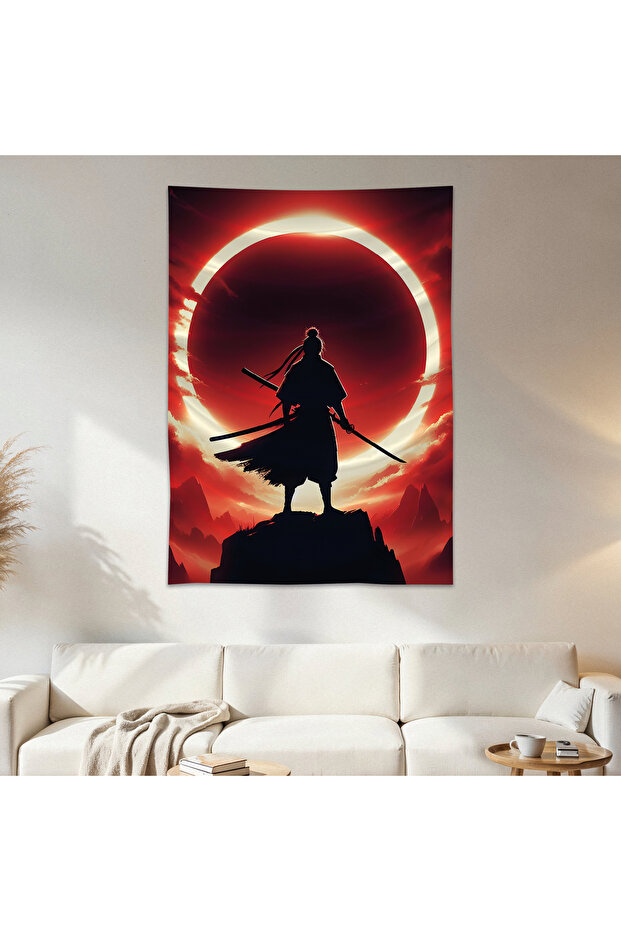 Solar Eclipse and Samurai Wall Cloth Wall Tapestry First Quality Satin Fabric Poster