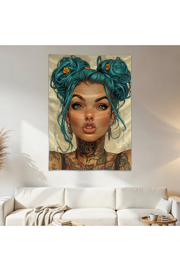Woman with Blue Hair Wall Drape Wall Tapestry First Quality Satin Fabric Poster