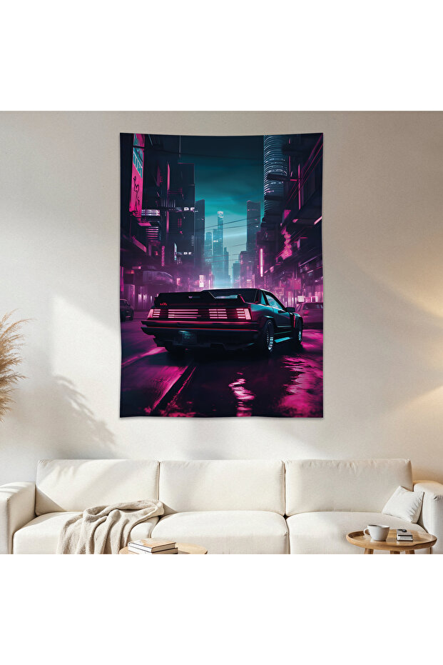 Neon Car Wall Drape Wall Tapestry First Quality Satin Fabric Poster