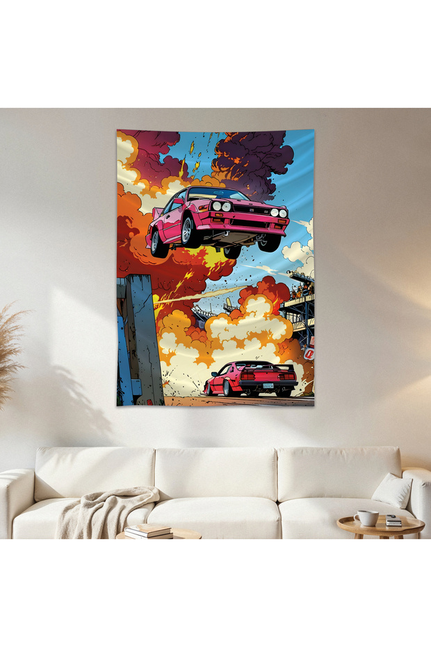 Explosion and Car Wall Cover Wall Tapestry First Quality Satin Fabric Poster