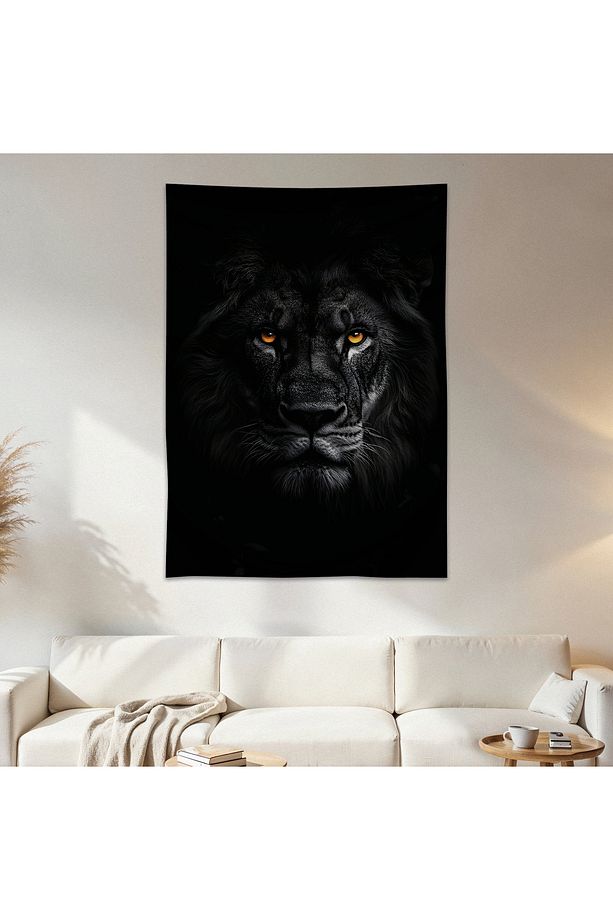 Siyah Aslan Duvar Örtüsü Duvar Halısı Birinci Kalite Saten Kumaş Poster - 1
