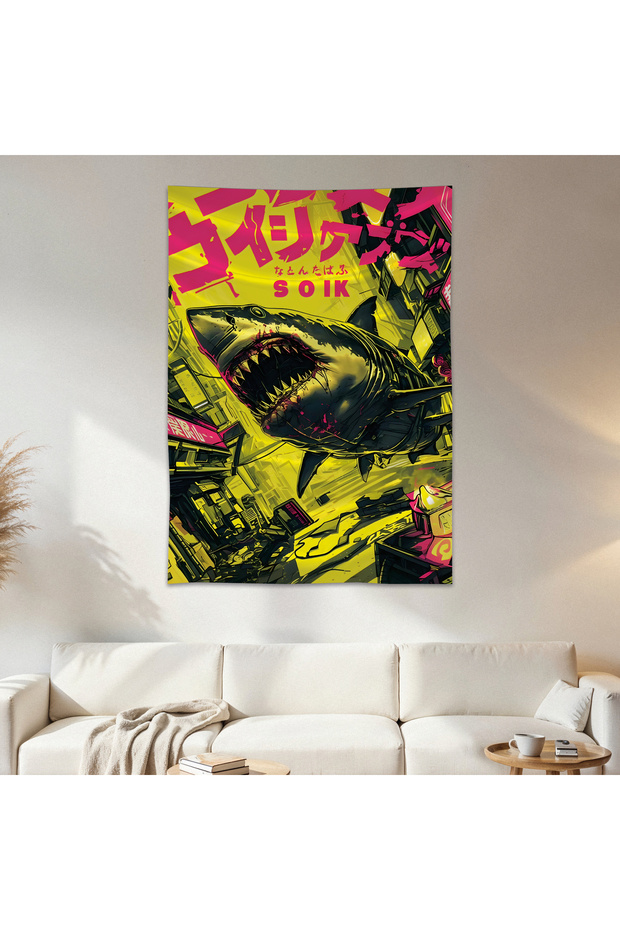Neon Shark Wall Cloth Wall Tapestry First Quality Satin Fabric Poster