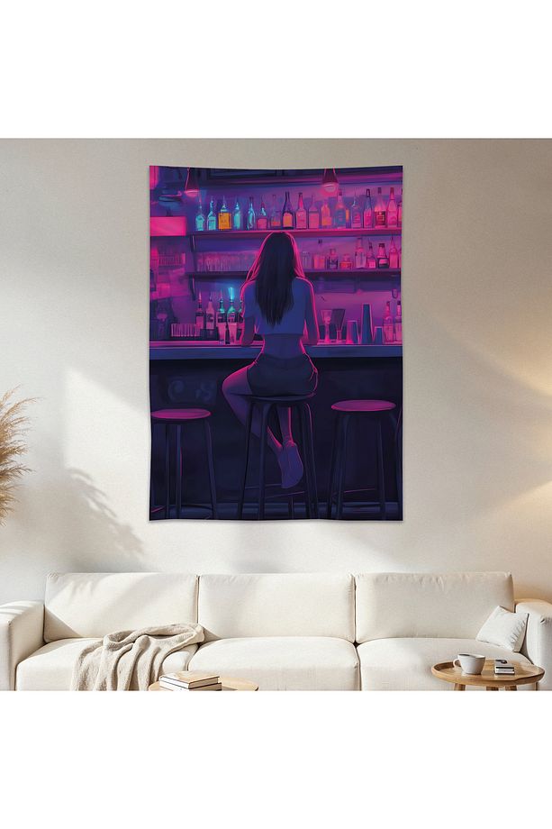 Neon Bar Duvar Örtüsü Duvar Halısı Birinci Kalite Saten Kumaş Poster - 1