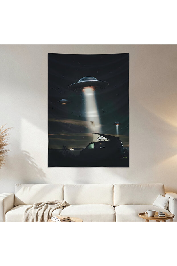 Ufo and Car Wall Cloth Wall Tapestry First Quality Satin Fabric Poster