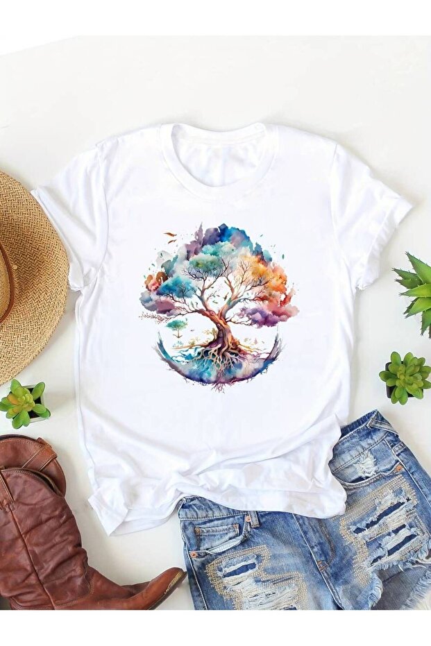 Tree Pattern Crew Neck T-Shirt Large Size - 1