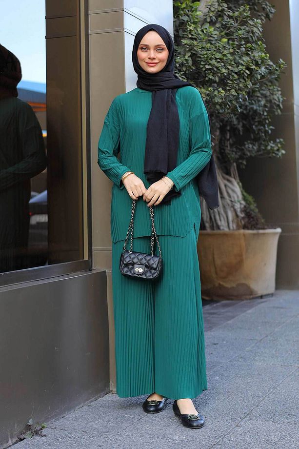 Piliseli Sandy Bluz Pantolon Takım Zümrüt - 3
