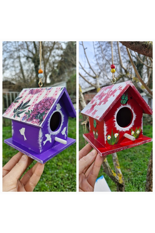 2 Pieces Wooden Bird House, Decorative Garden Ornament, Handmade Bird's Nest, 12 × 12 × 12 Cm, Garden/Balcony