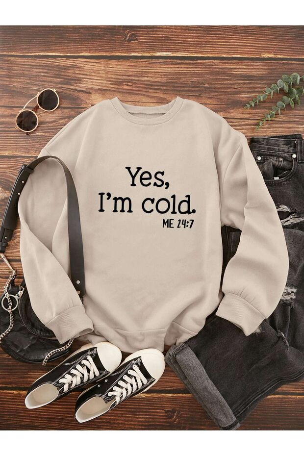 I'm Cold سترة شتوية سميكة - بيج مطبوع بمقاس كبير وياقة دائرية