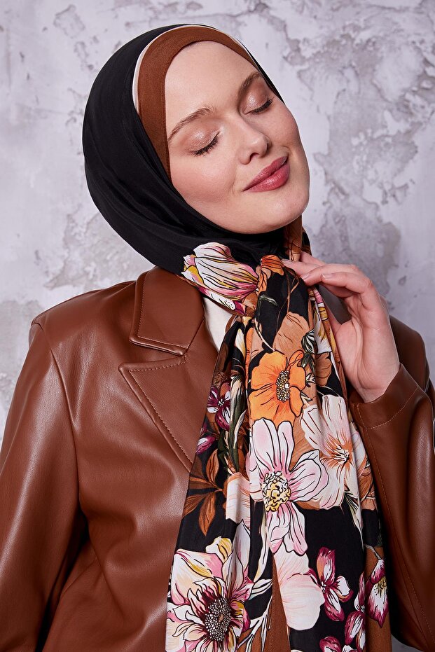 شال ملكي بنمط زهرة حافة القهوة - 2