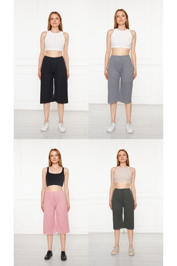 4-Piece Camel-Water Green-Smoked-Oil Women's Ribbed Pants & Sweatpants, Casual Home Wear Pajamas