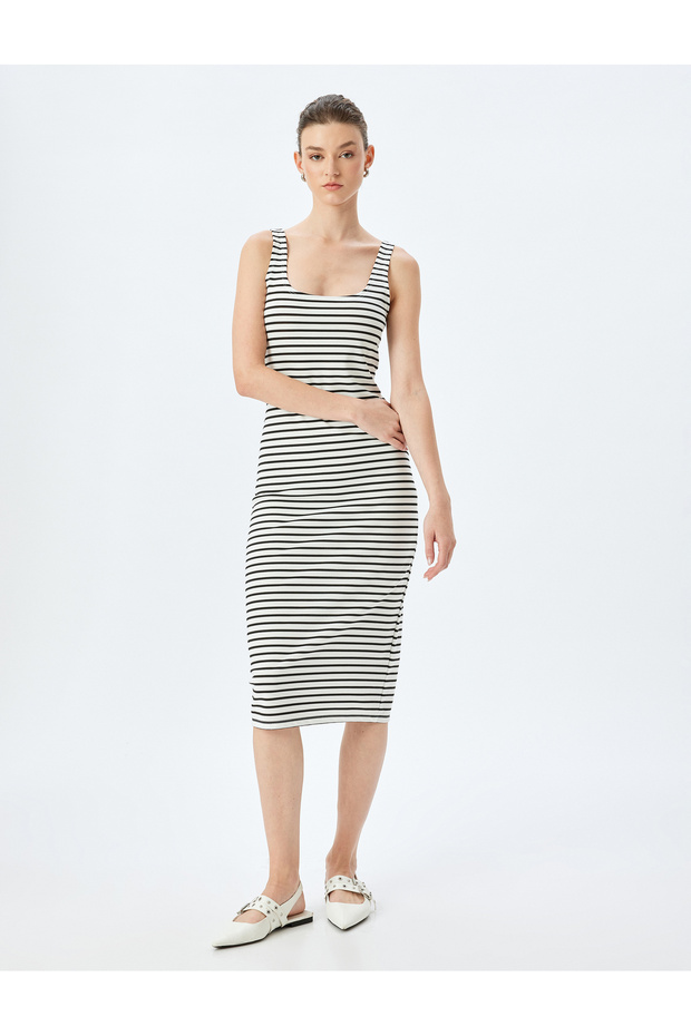 U-neck strappy midi pencil dress.