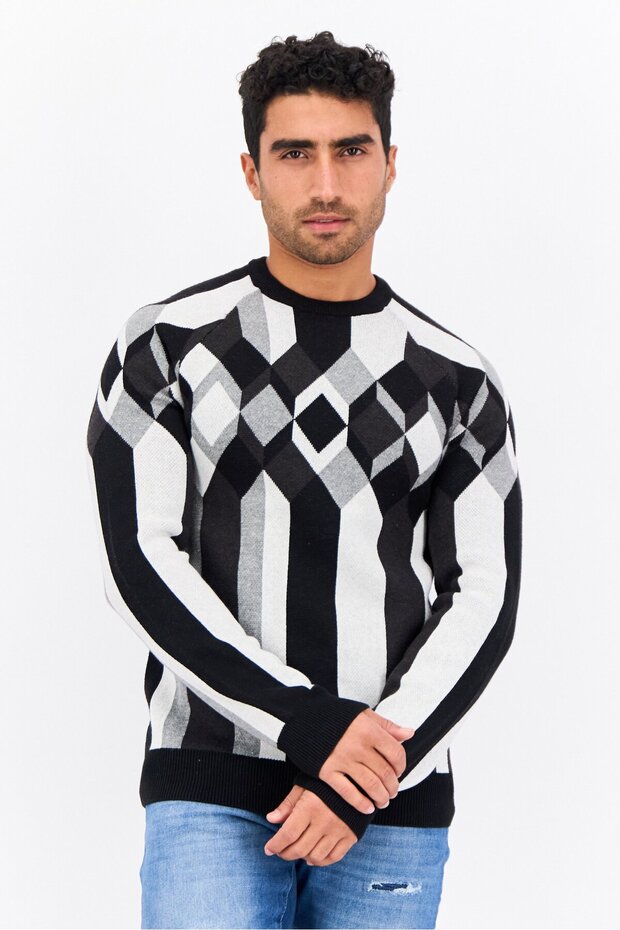 Men Crew Neck Long Sleeves Diamond Pattern Sweater, Black
