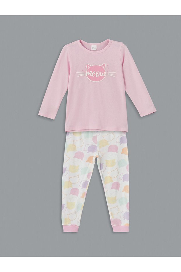 Lcw Kids Crew Neck Printed Girls' Pajamas Set