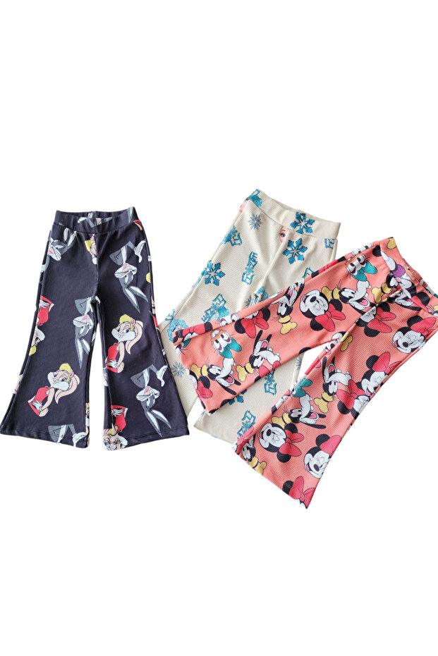 3 Adet Minnie Mouse Lola Bunny Desenli Fitilli Kız Çocuk İspanyol Paça Tayt - 1
