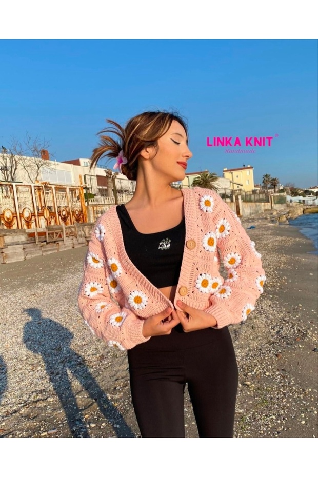 El yapımı örgü,motif mevsimlik hırka,Ayçiçeği çiçekli hırka - 3