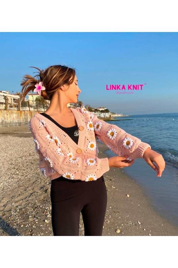 El yapımı örgü,motif mevsimlik hırka,Ayçiçeği çiçekli hırka - 6