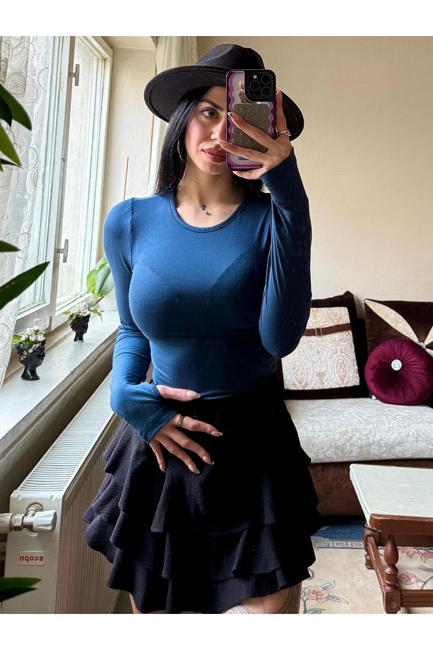 Spor Crop Top Bisiklet Yaka DARKALIP Soft Touch Viskon Basic Parmaklı Spor Body - 1