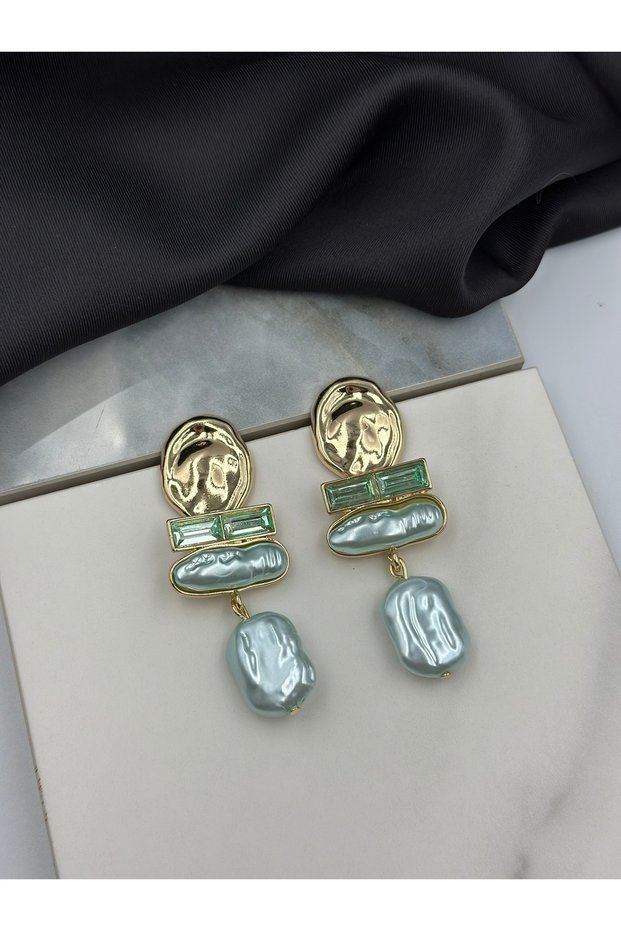 Water Green and Gold Detailed Stone Pearl Dangle Earrings