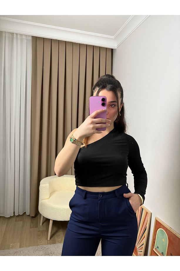Asimetrik Tek Omuz Crop Top - 1
