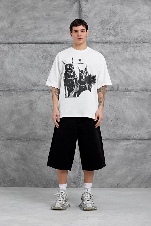 Men's T-Shirt International Written and Illustrated White Oversize Printed Crew Neck