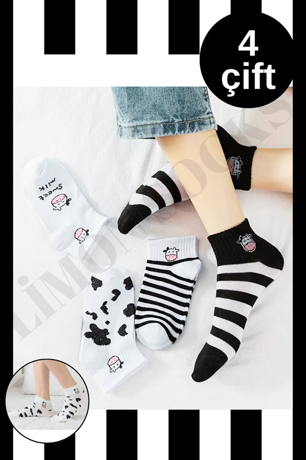 Quality (4 Pairs) Cotton Cow Pattern Short Booties Socks for Women and Children