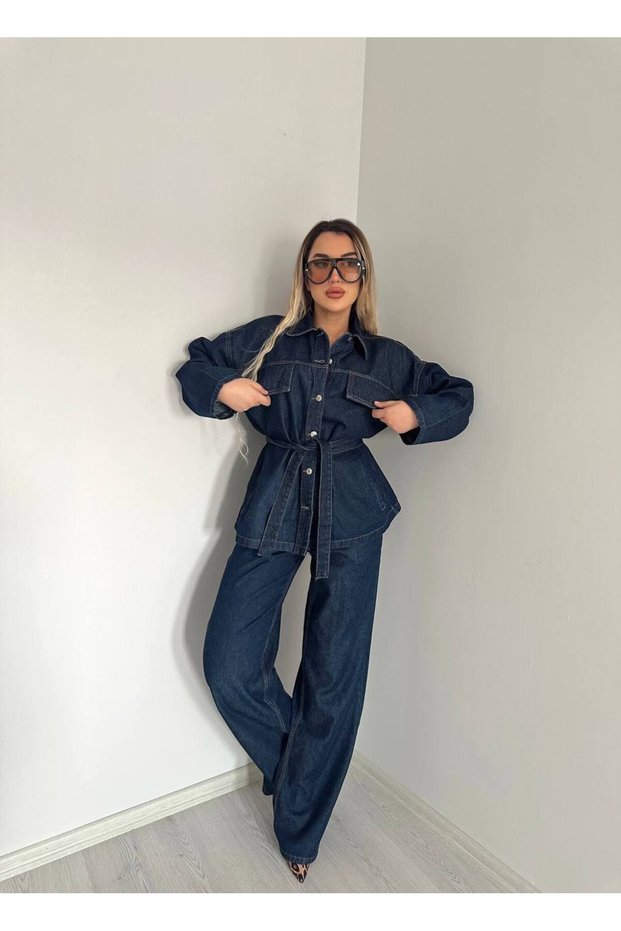 Navy Blue Belted Pocketed Shirt Pants Denim Suit