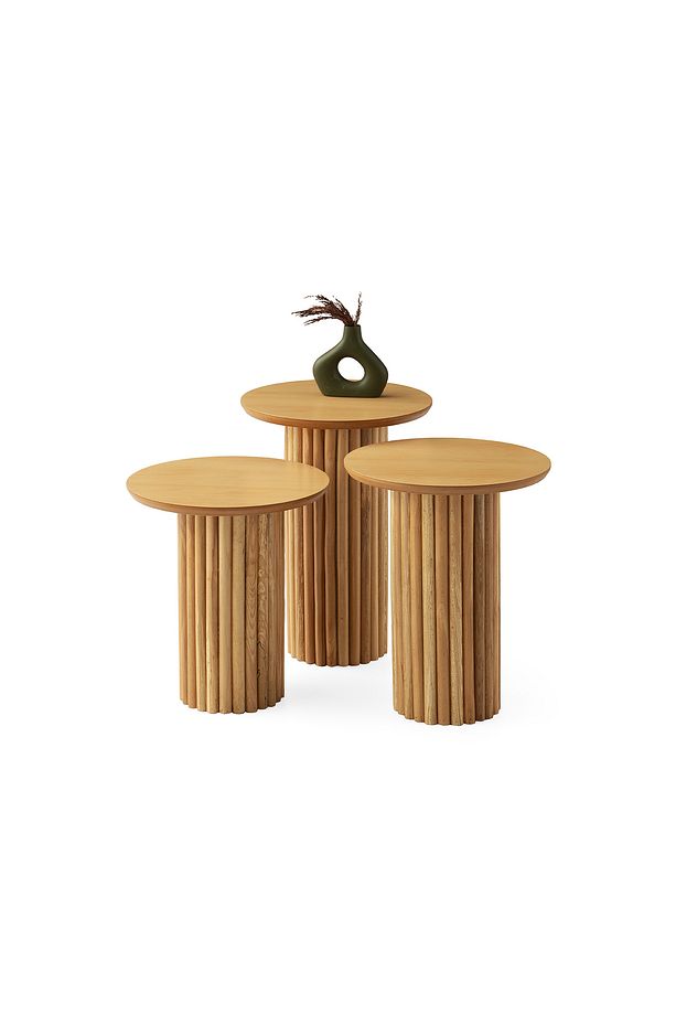 Oslo Yuvarlak Cilalı MDF Zigon Sehpa Naturel Renk Tabla 3'lü Set, Naturel Ahşap Ayak - 1