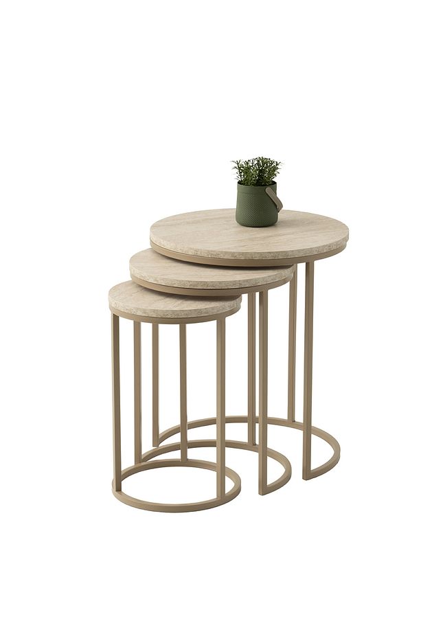 Dünya Yuvarlak Zigon Sehpa Sidon Desen 3'lü Set, Cappicino Metal Ayak, İç İçe Geçebilir - 1