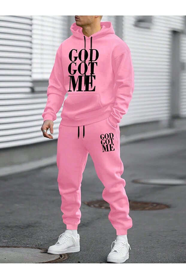3 İplik God Got Me Sweatshirt Sweatpants Jogger - Pink Printed Bottom Top Sweatpants Set Hooded
