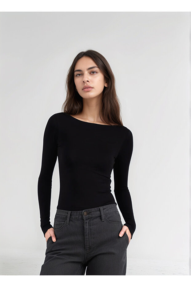 Viscose Boat Neck Body Long Sleeve Blouse Black