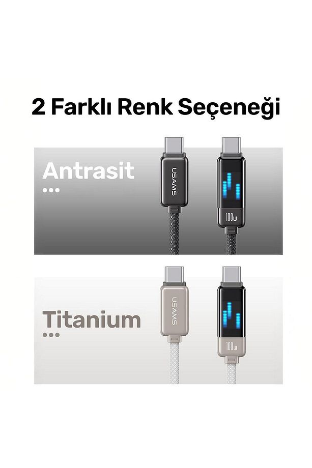 US-SJ744 Type-C To Type-C 100W Meteor Efekt Ekranlı 1.2m Hızlı Şarj ve Data Kablosu Antrasit - 5