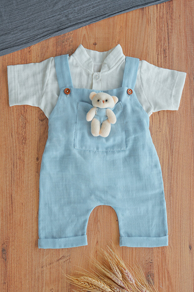 X Silk Atlas Teddy Bear Salopet Muslin Set