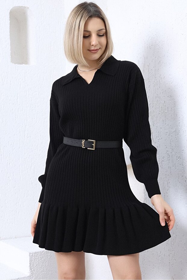 Black Polo Neck Frilly Knitwear Dress