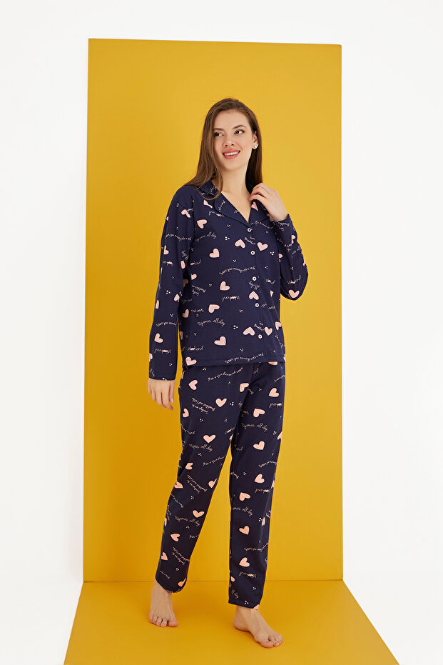 Pamuklu Düğmeli Pijama Takım - 3